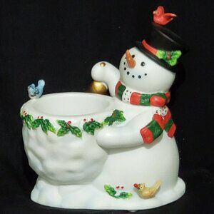 Partylite Snowbell Candle Holder Snowman holly birds vintage Ceramic Christmas